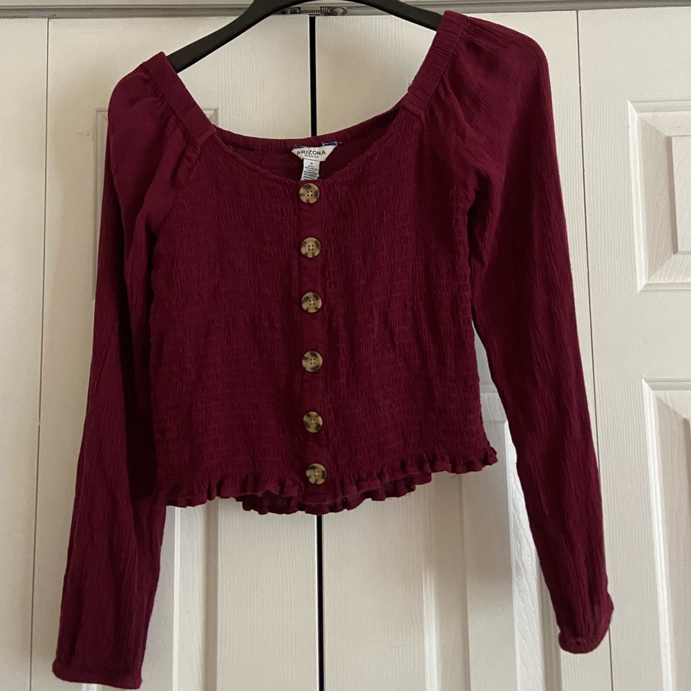 3/$20 Arizona Jean Co Maroon Smocked Button Down Blouse with Lettuce Hems